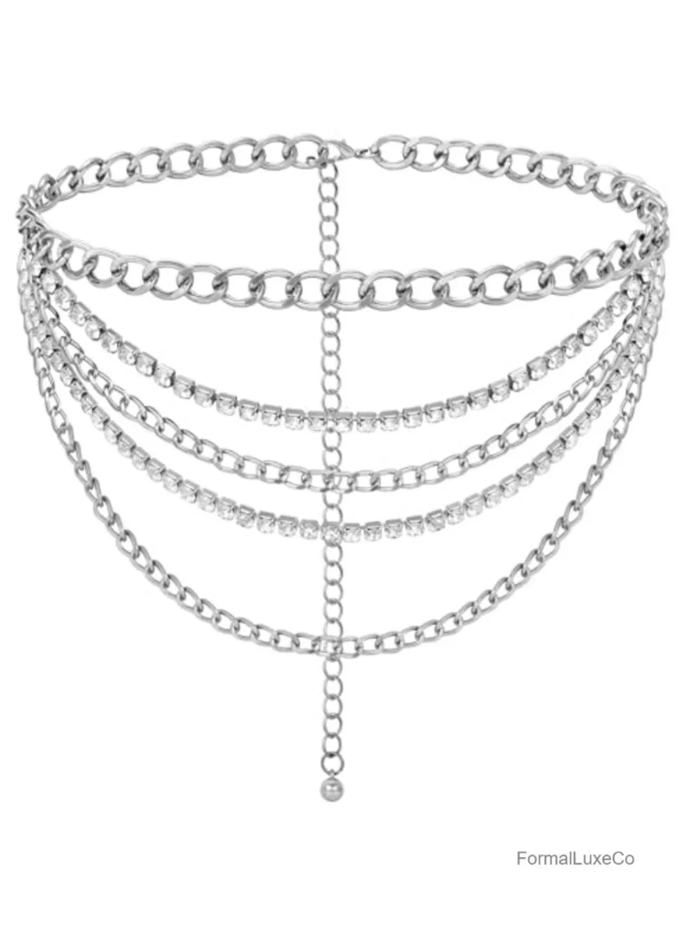 Metal Layered Chain Belt with Rhinestones Adjustable Waist